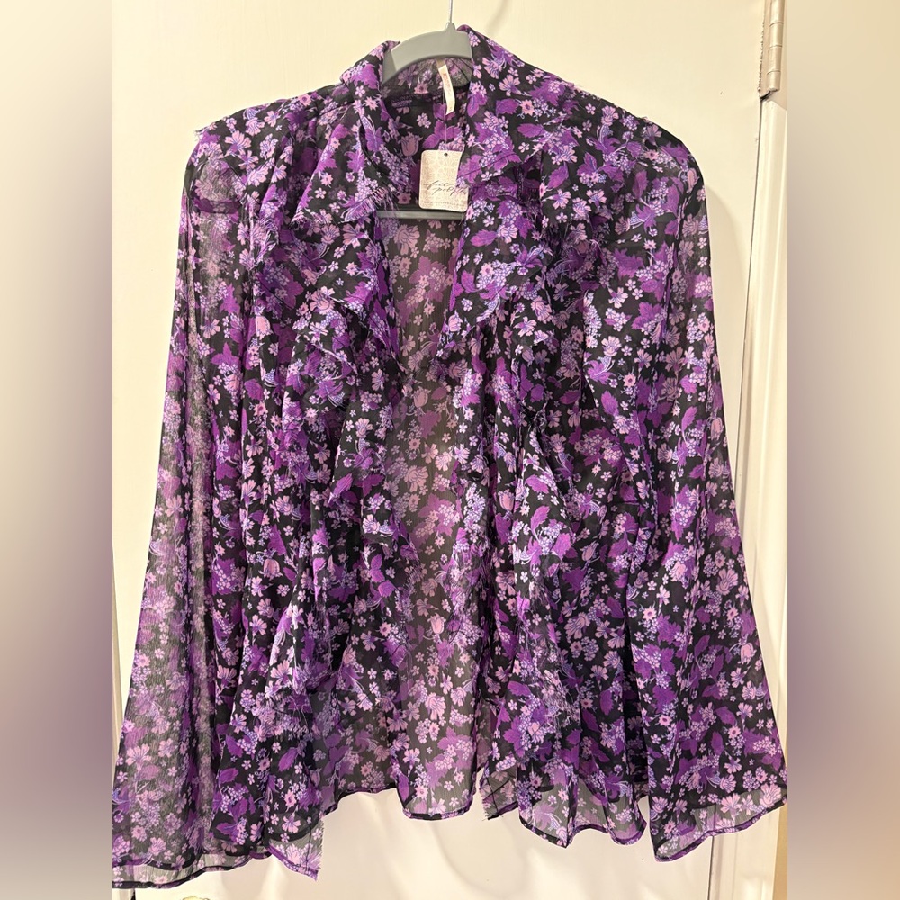 Free People Black and Purple Floral Top